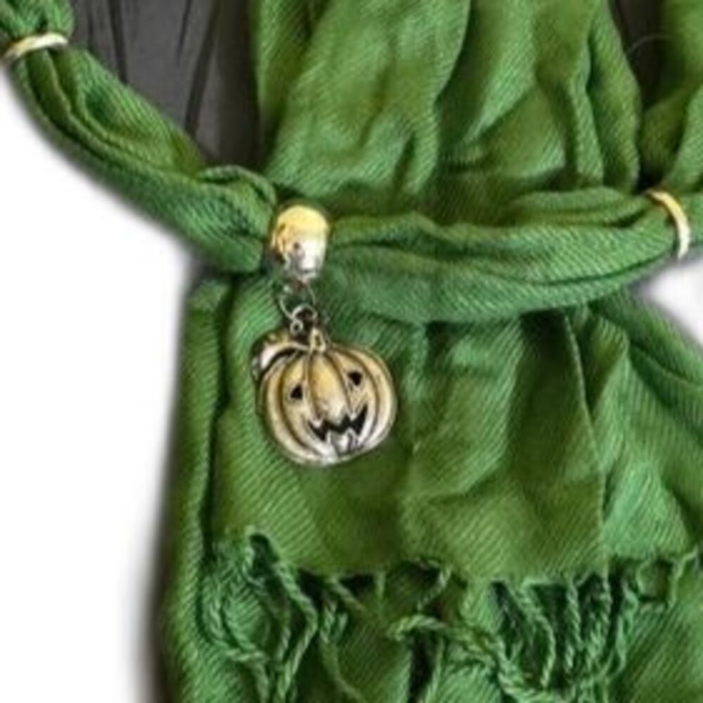 Green Lightweight Scarf with Pumpkin Pendant. 78in. - Picture 2 of 2